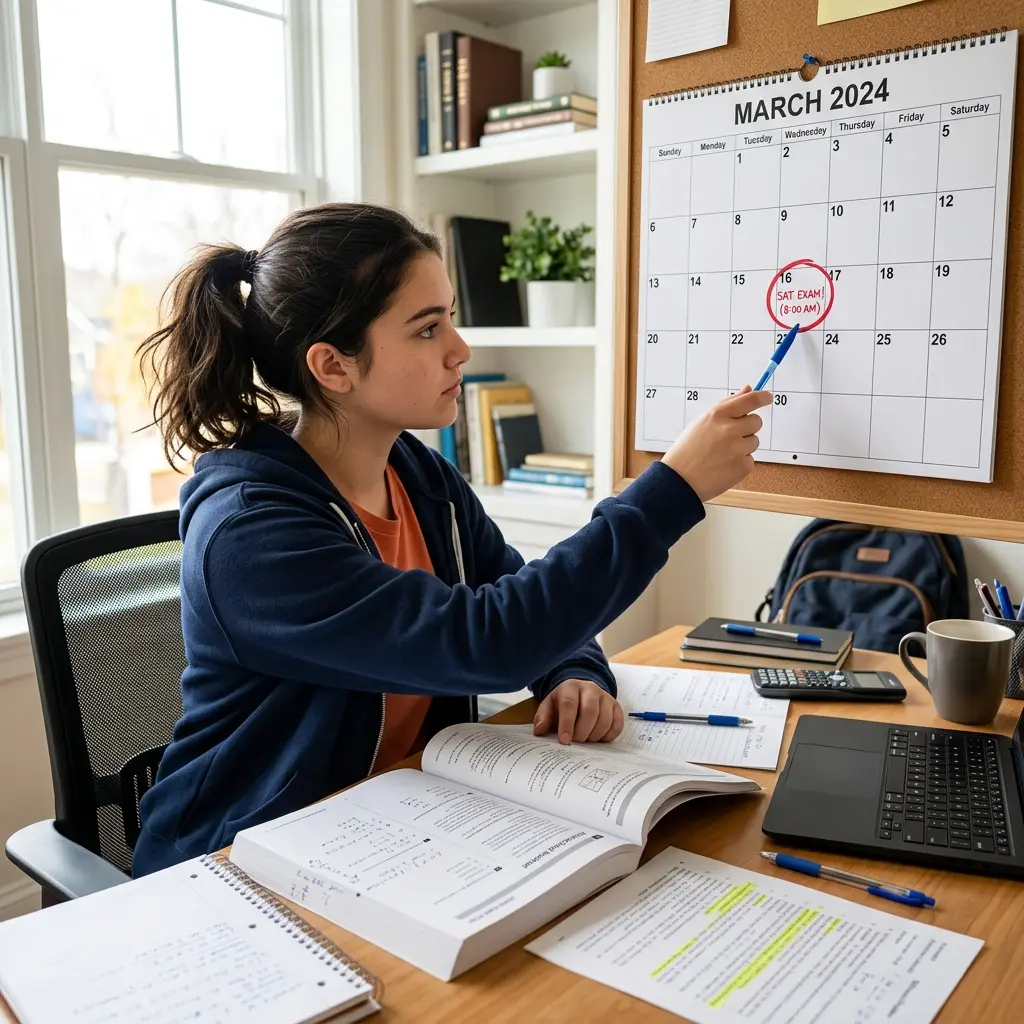 Determined high school student looking at a wall calendar with a date circled, studying at a desk with an SAT booklet open