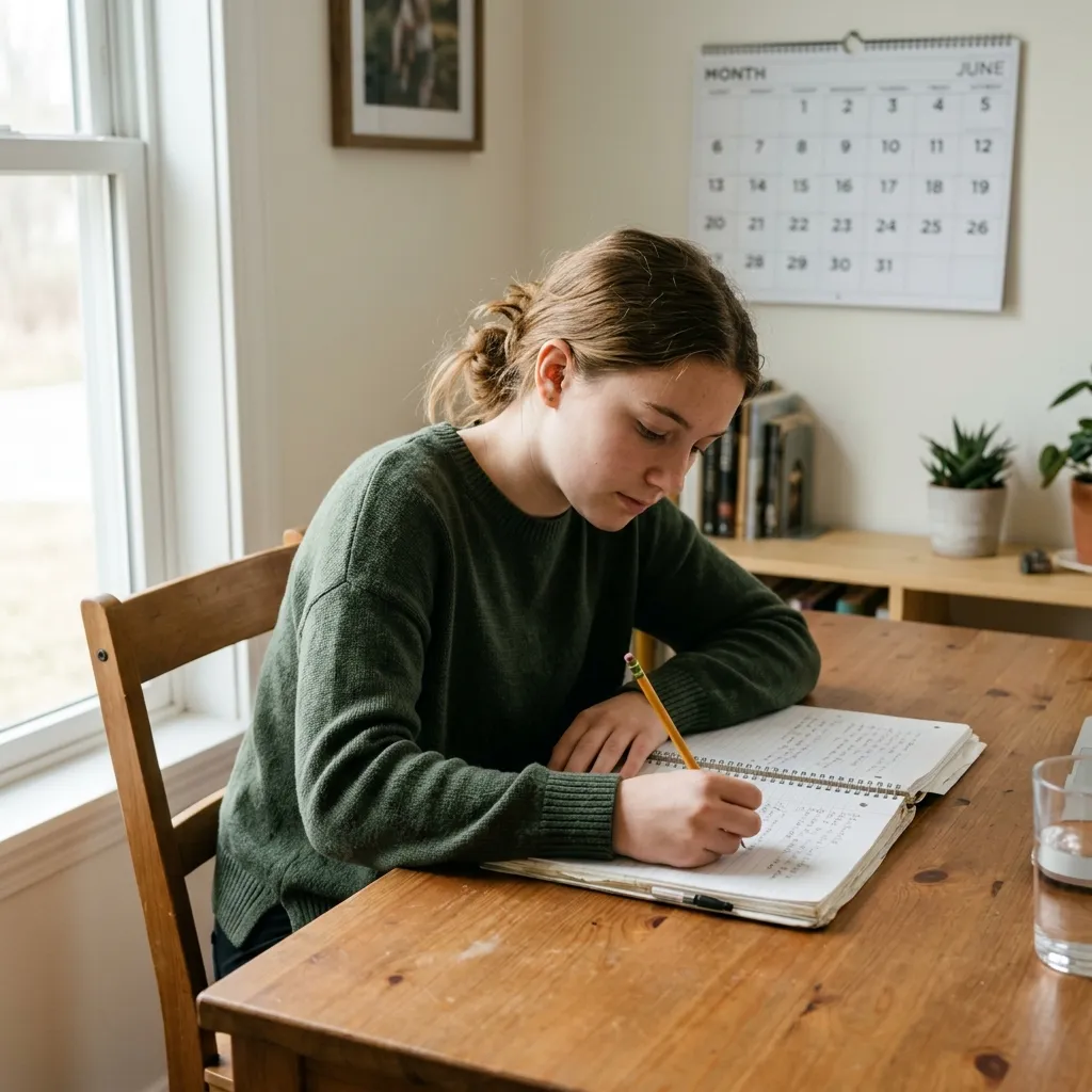Student planning their study schedule in a notebook at a desk with a calendar on the wall