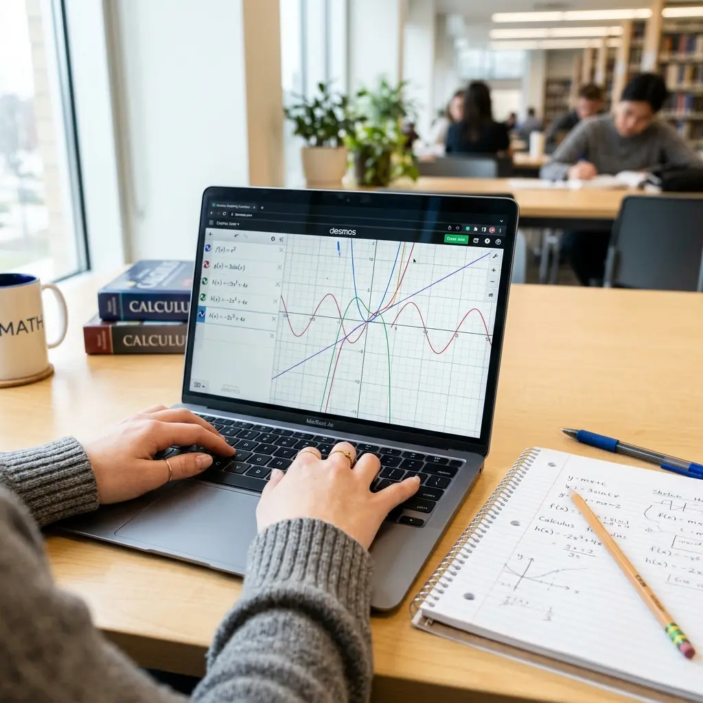 Student hands typing on a laptop showing the Desmos graphing calculator interface next to math notes