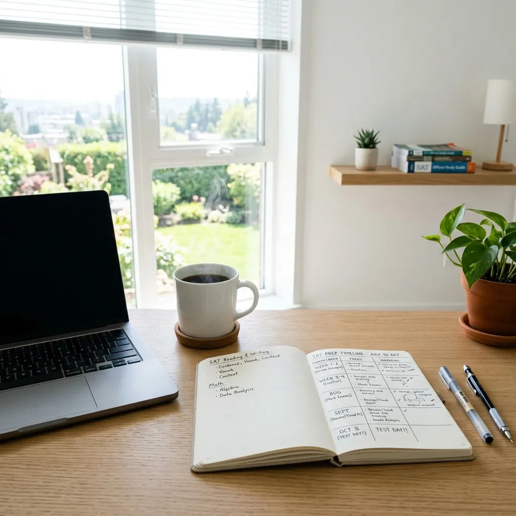 A clean desk with an open notebook showing an organized SAT prep timeline alongside a cup of coffee