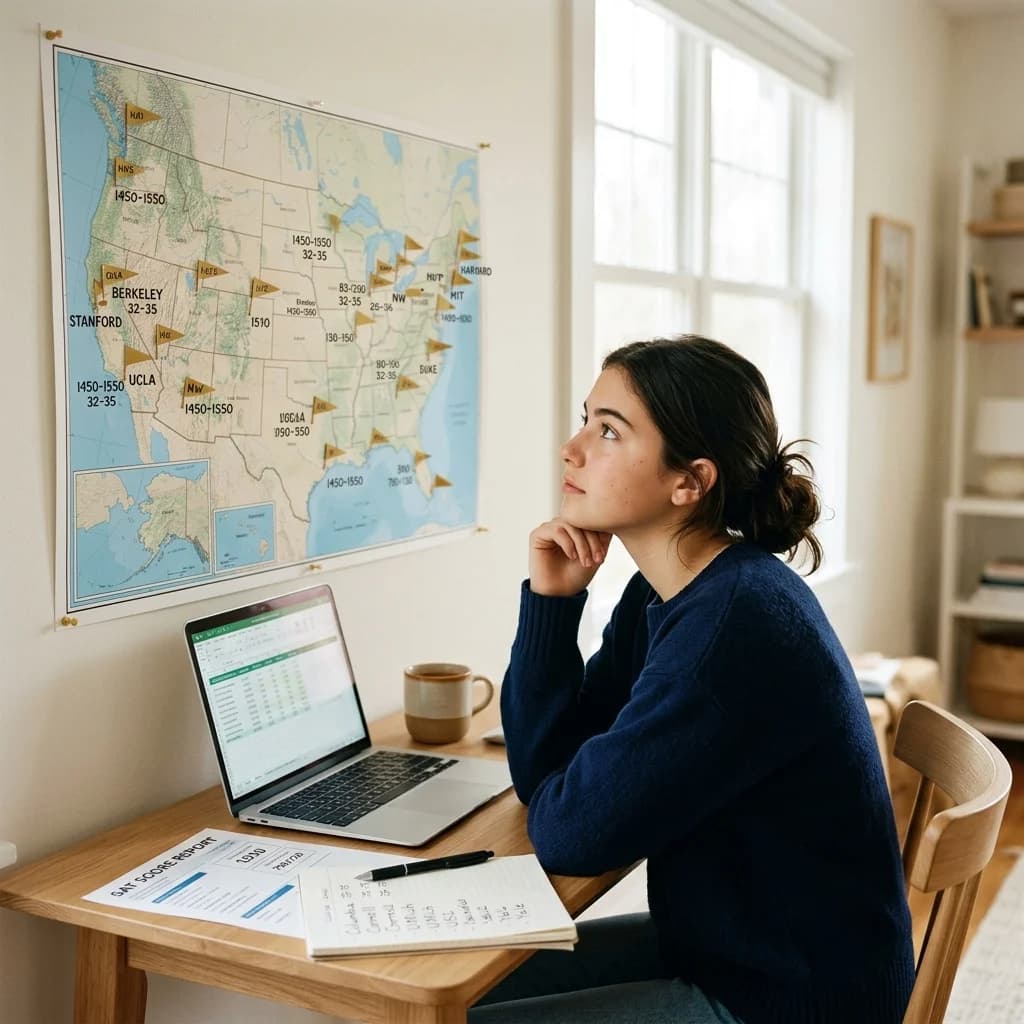 High school student at a desk studying college SAT score ranges on a map with a laptop showing a college scores calculator