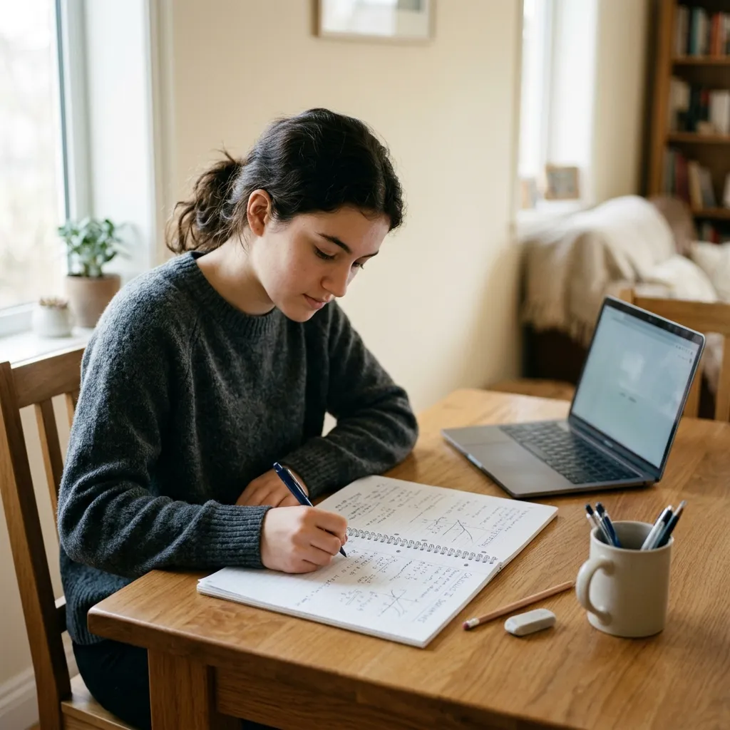 Student writing math notes in a notebook at a desk with a laptop open beside her