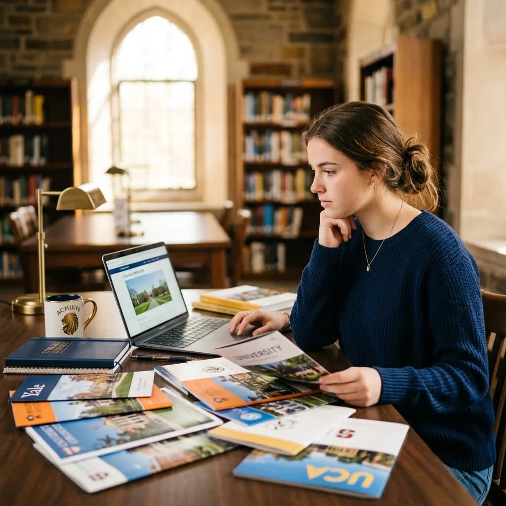 A high school student thoughtfully reviewing college brochures and a laptop